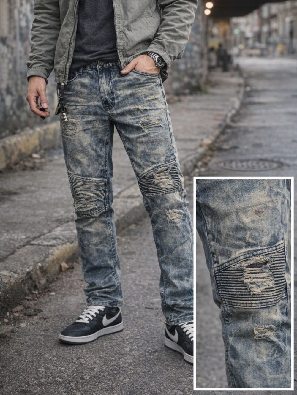 Stitches & Rivets Jeans Mens 36x31 Distressed Moto Biker Acid Wash Slim Straight